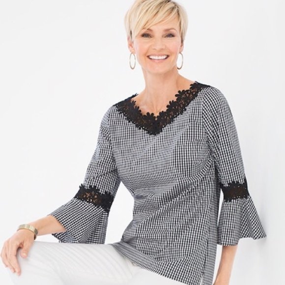 Chico's Tops - Chico's GINGHAM LACE BELL-SLEEVE TUNIC